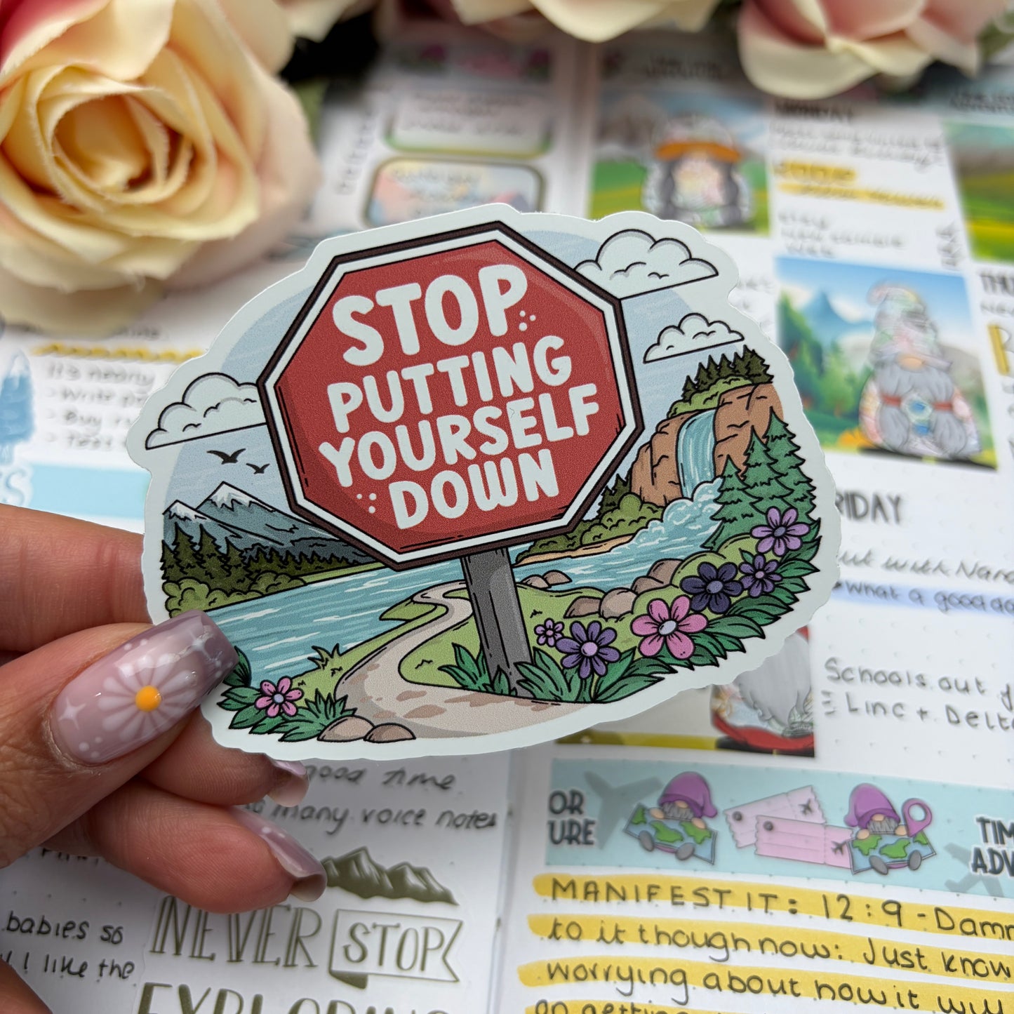 (F001) Stop Sign - Putting yourself down - vinyl sticker