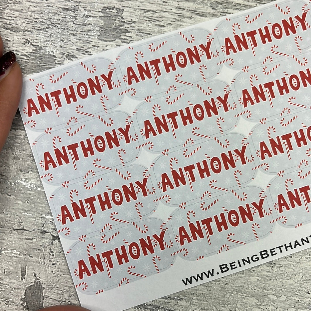 Personalised kids / adults Christmas Present Labels. (88 Candy Cane)