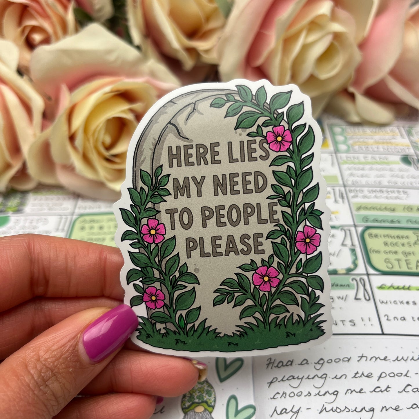 (160) Here lies my need to people please - vinyl sticker