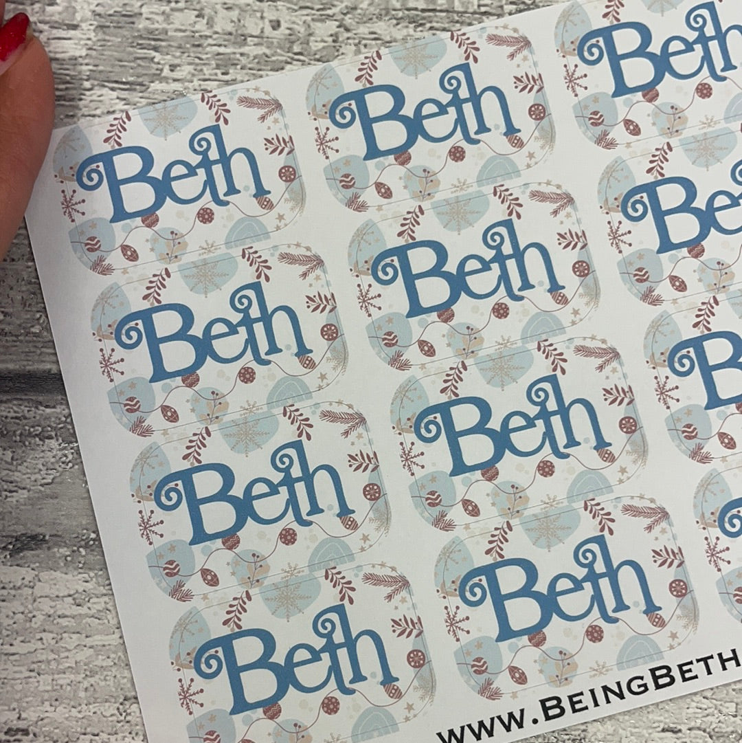 Personalised kids / adults Christmas Present Labels. (78 Blue Leaves)