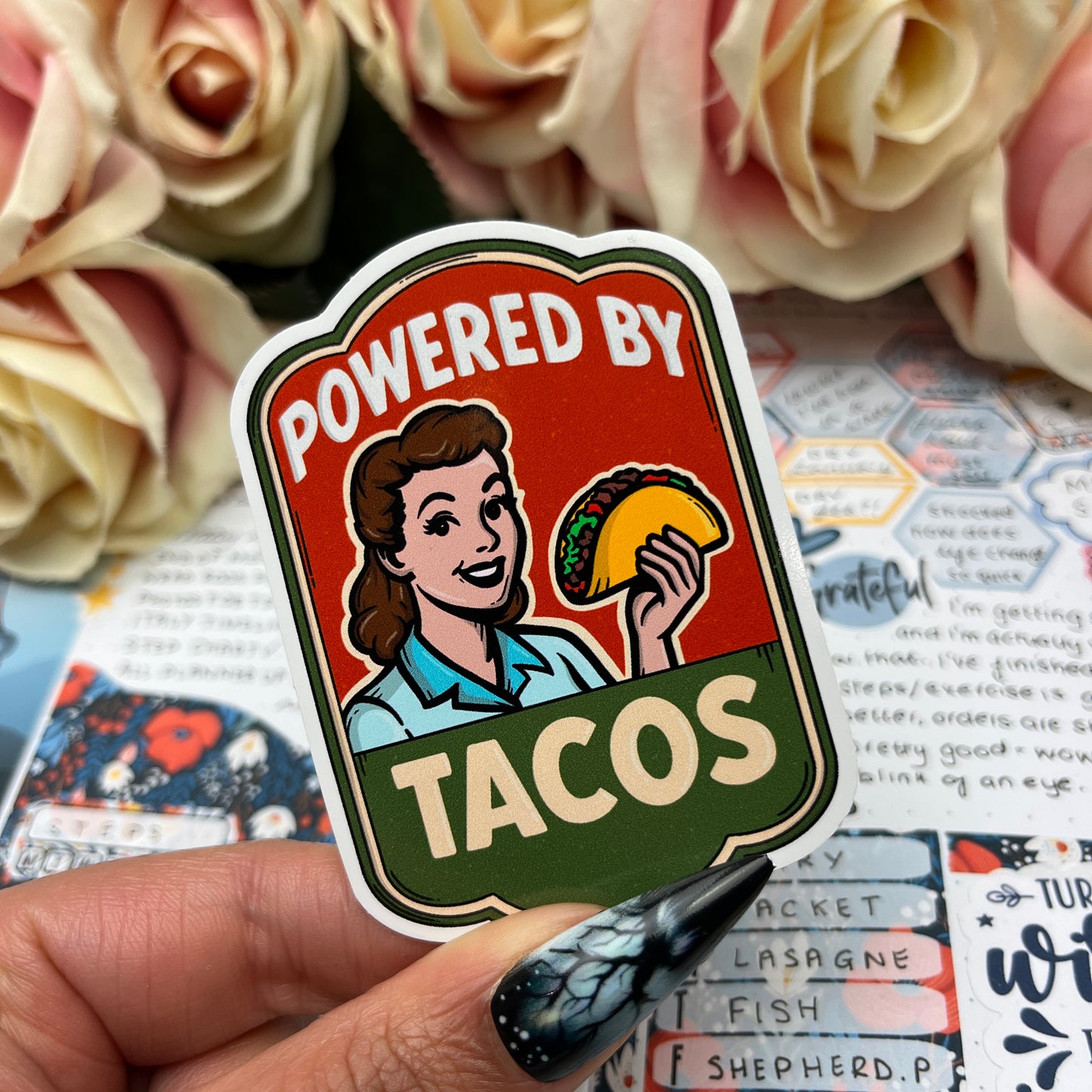 (158)  Powered by tacos… chicken nuggets - vinyl sticker