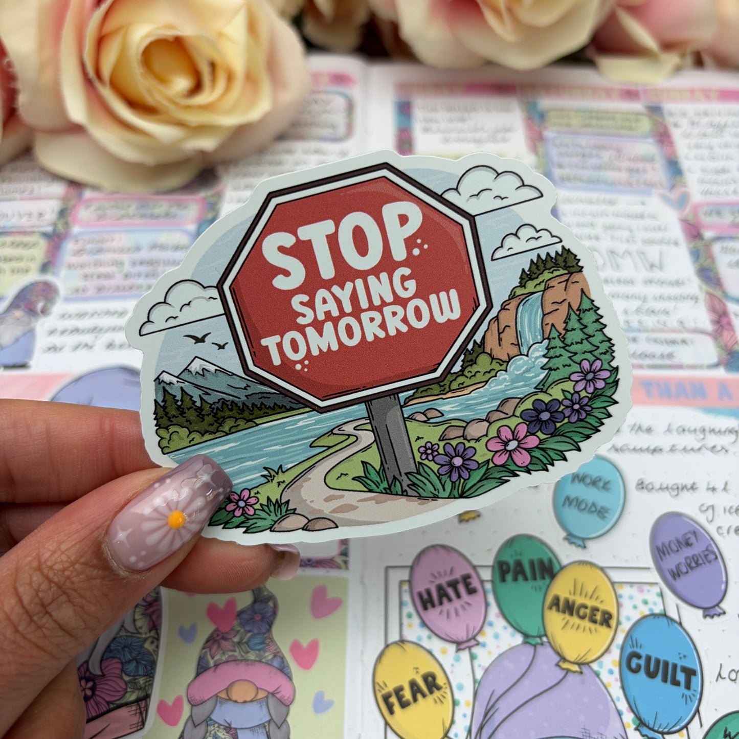 (F001) Stop Sign - saying tomorrow - vinyl sticker