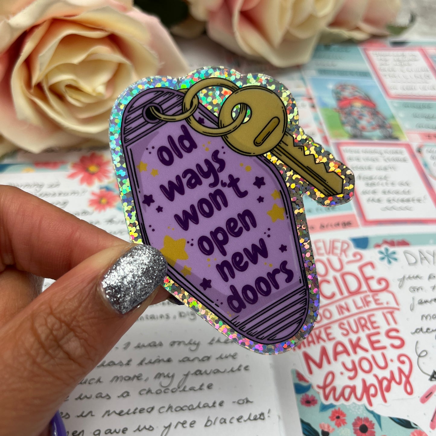 (100) Glitter holographic Vinyl Sticker - Old Ways motel keyring