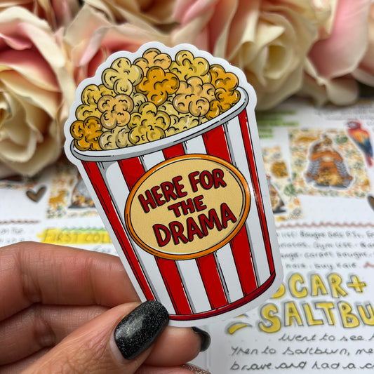 (153) Here for the drama - popcorn - vinyl sticker