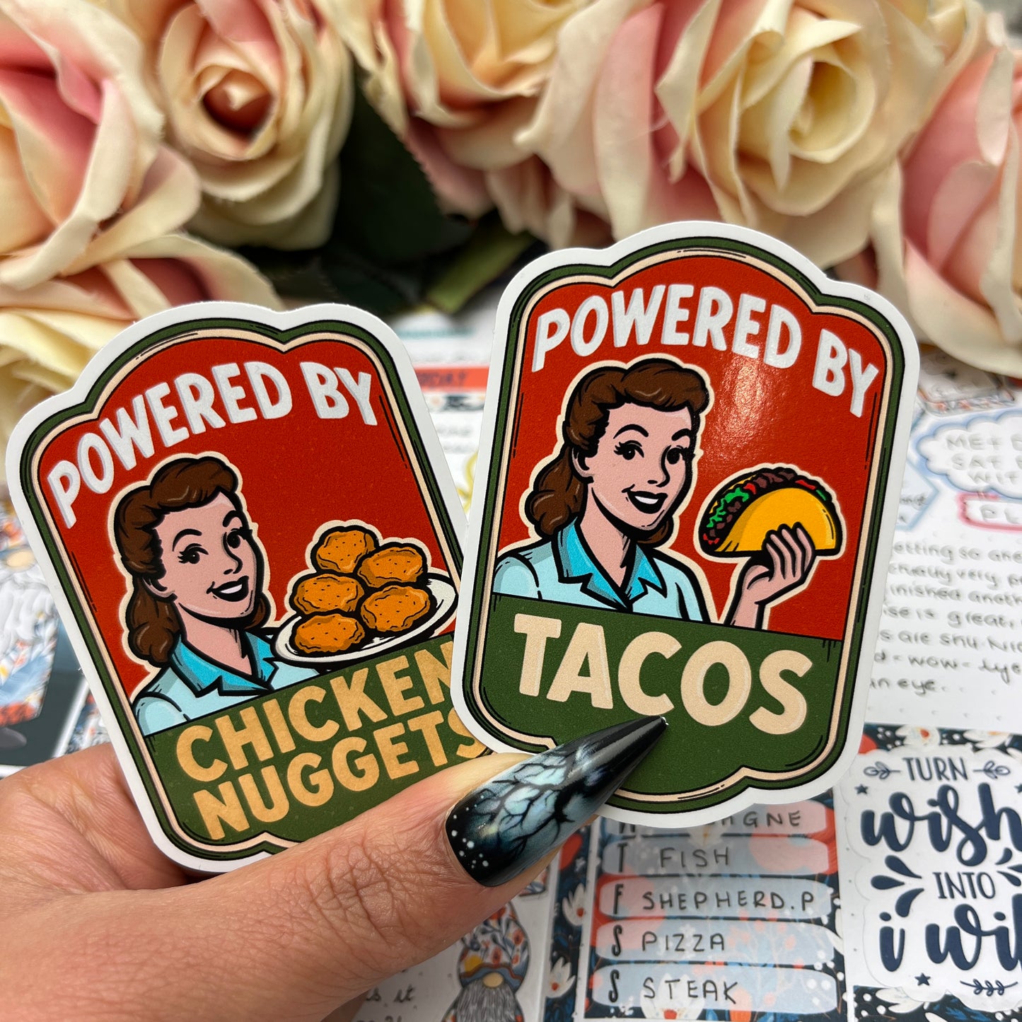 (158)  Powered by tacos… chicken nuggets - vinyl sticker