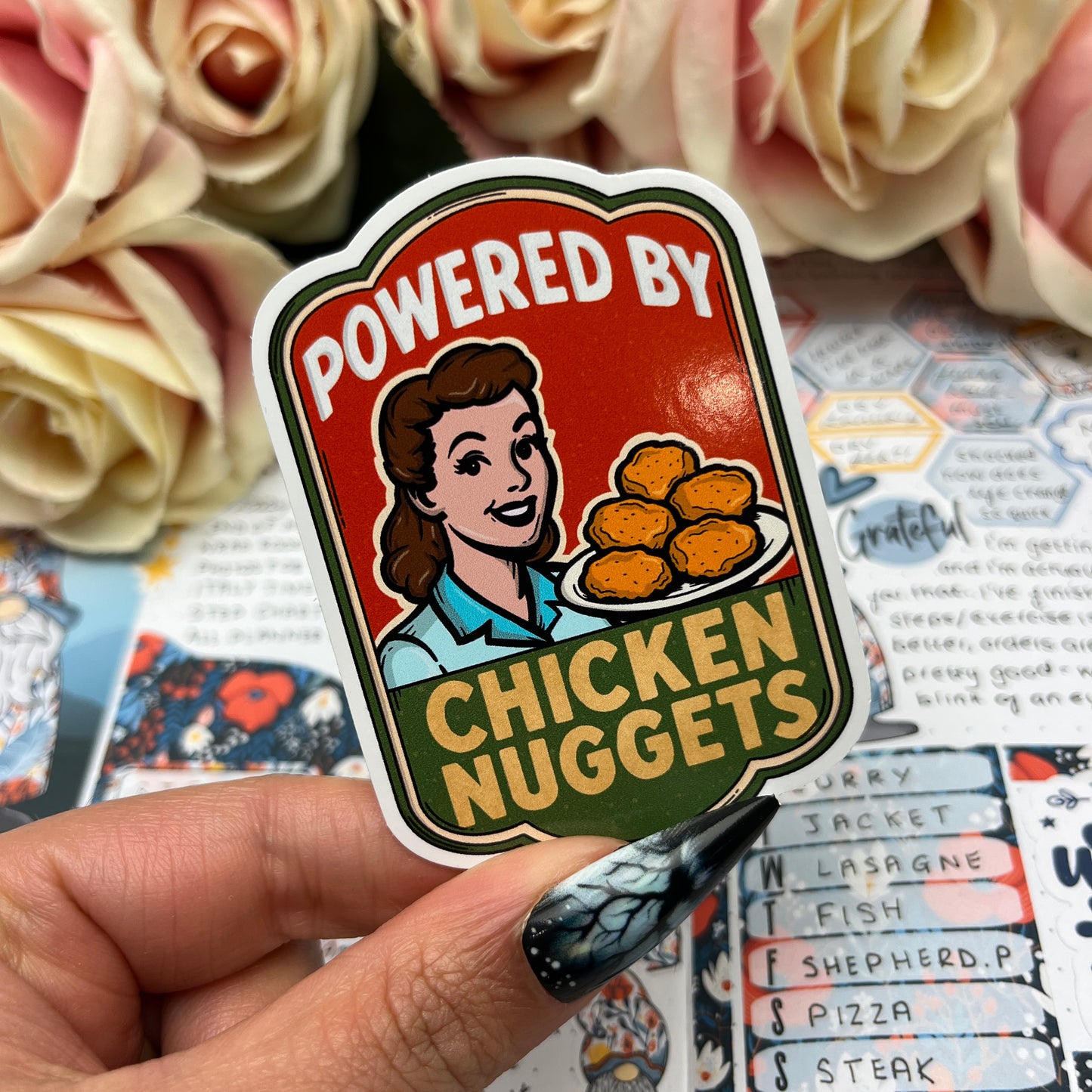 (158)  Powered by tacos… chicken nuggets - vinyl sticker