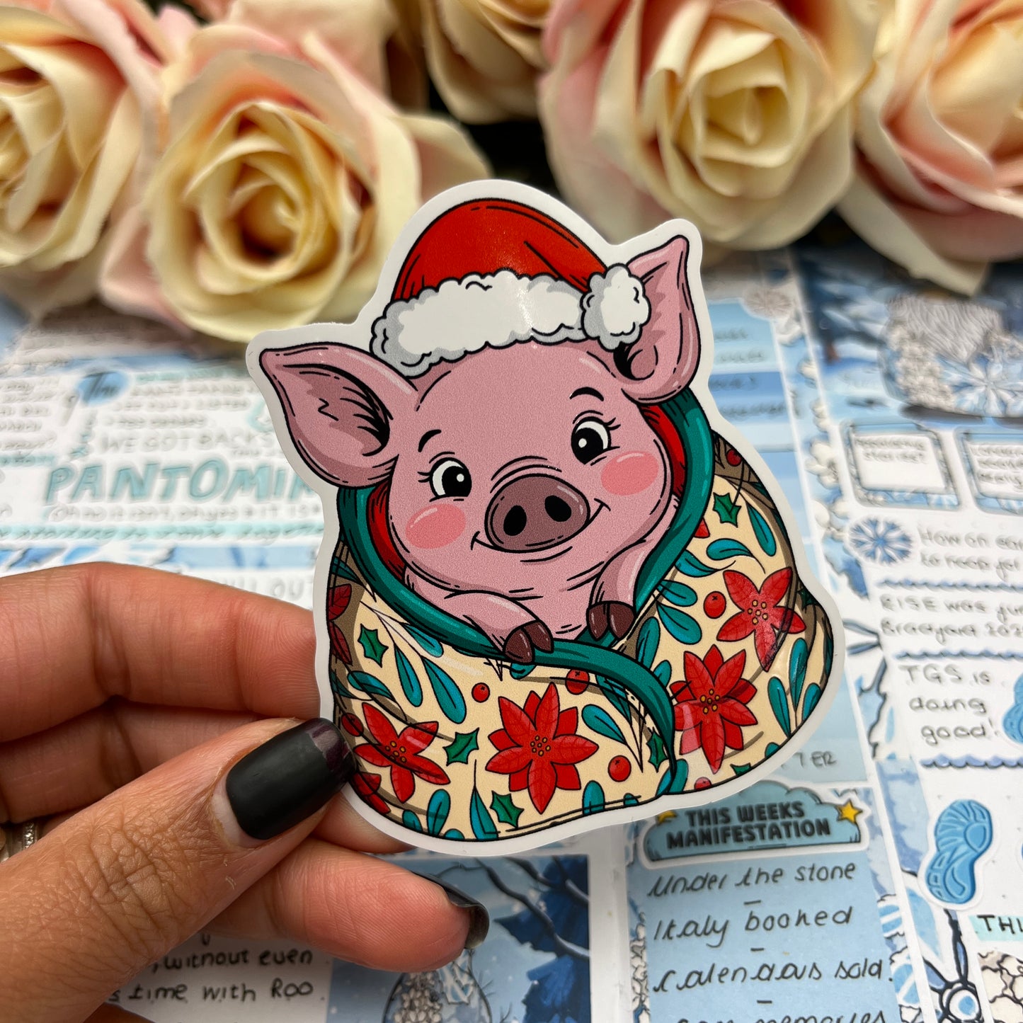 (0149) Pigs in Blankets  (Poinsettia) - christmas vinyl sticker