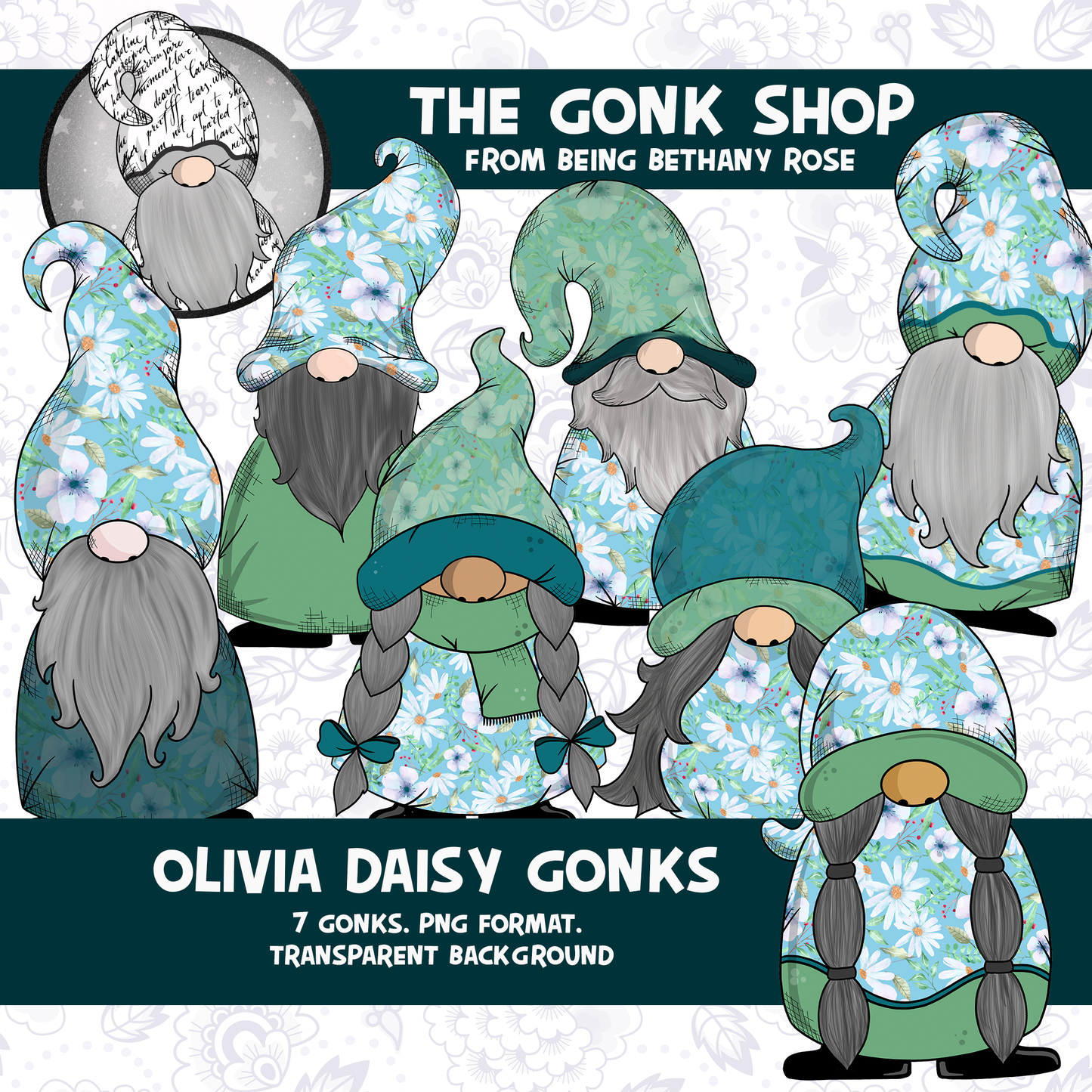 "Olivia" Daisy Print Gonk / Gnome Clipart / Digital Stickers *INSTANT DOWNLOAD* PNG files