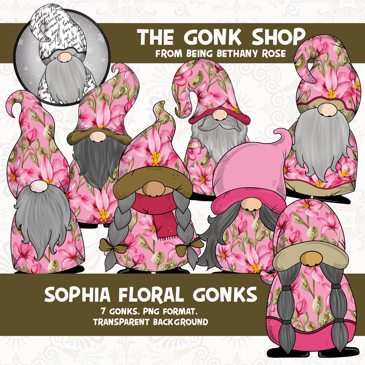 "Sophia" Pink Floral Gonk / Gnome Clipart / Digital Stickers *INSTANT DOWNLOAD* PNG files