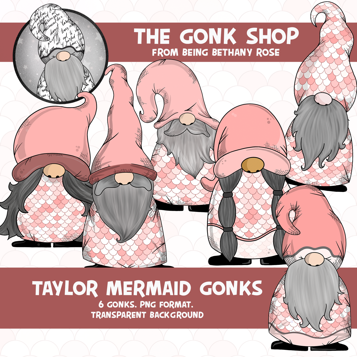 "Taylor" Pink Mermaid Gonk / Gnome Clipart / Digital Stickers *INSTANT DOWNLOAD* PNG files