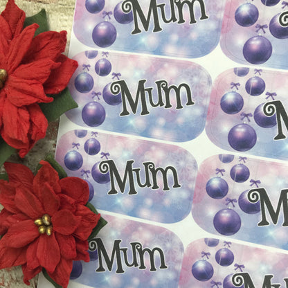 Personalised kids / adults Christmas Present Labels. (38 purple baubles)