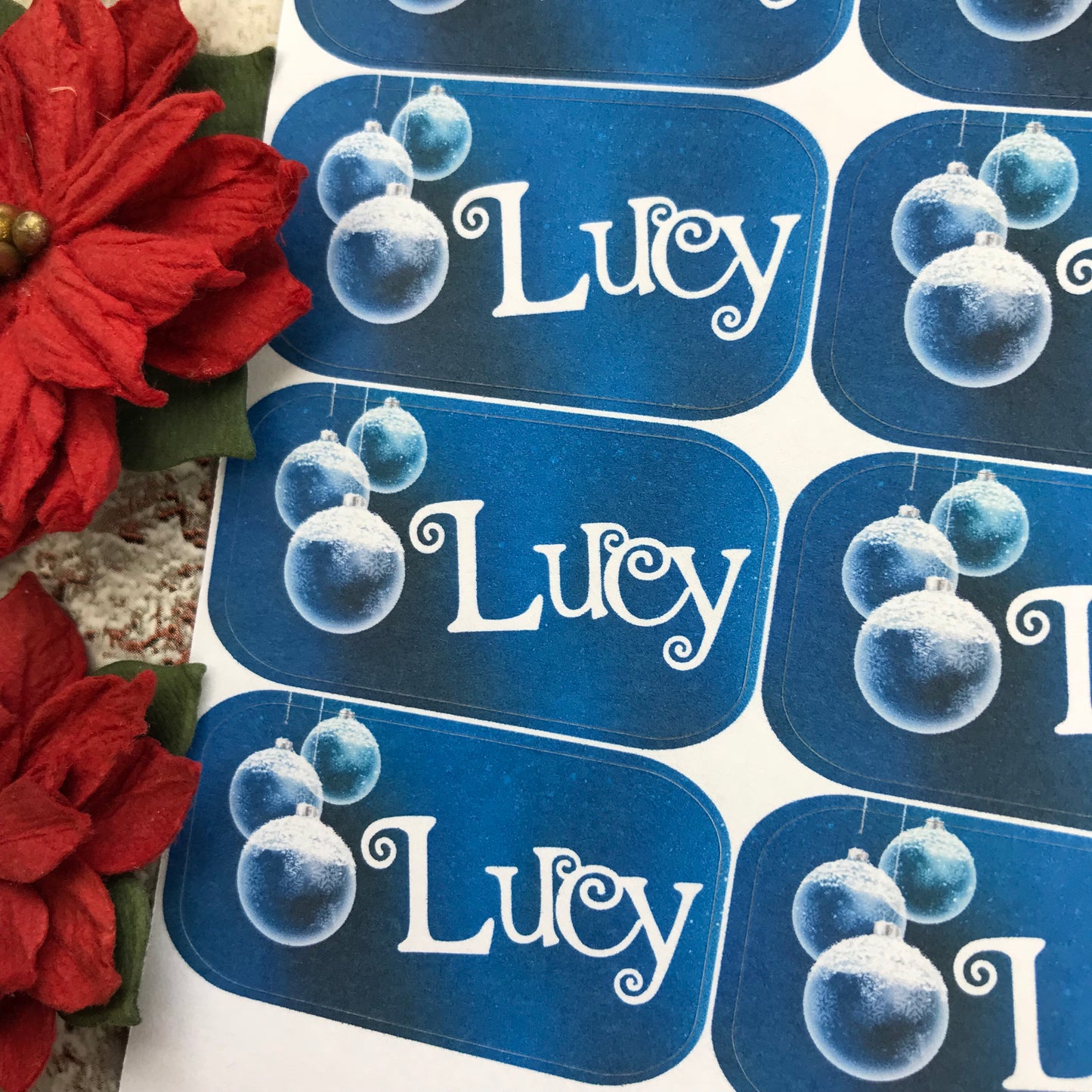Personalised kids / adults Christmas Present Labels. (6 Blue Baubles)