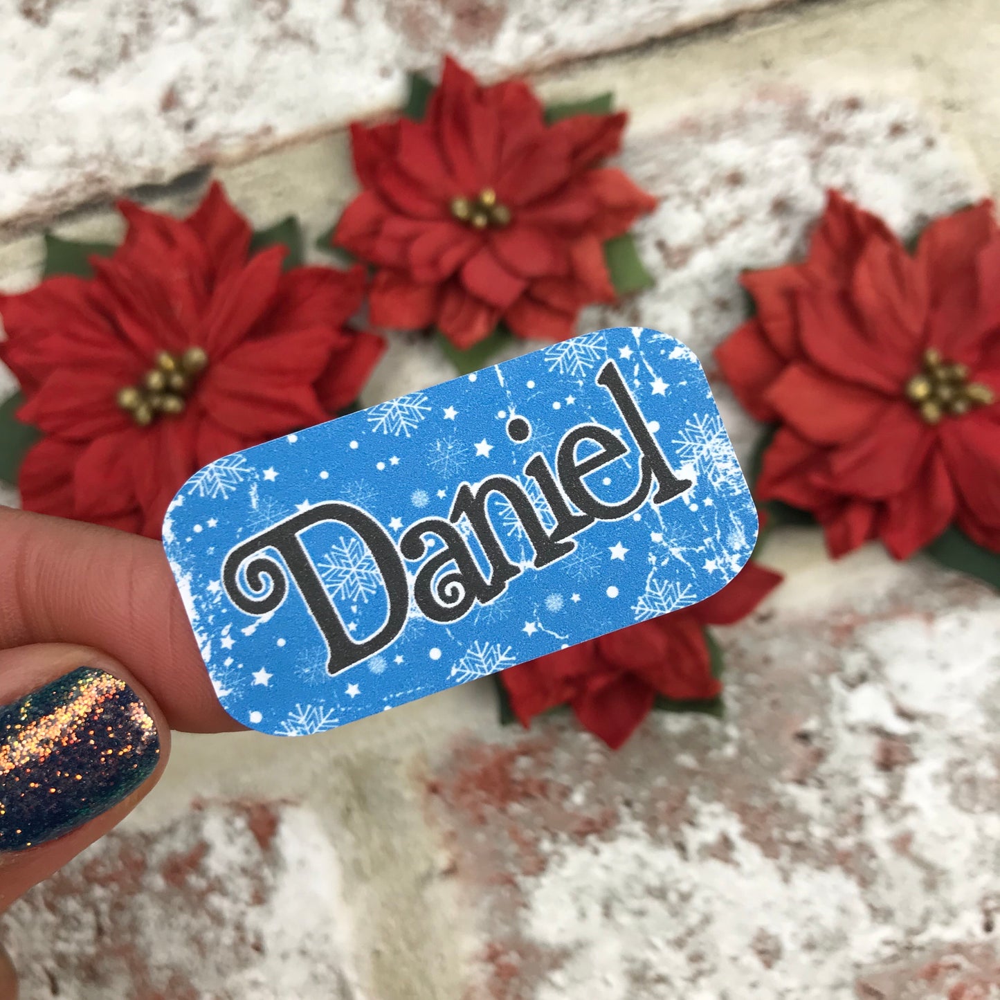 Personalised kids / adults Christmas Present Labels. (41 Blue snowflakes)