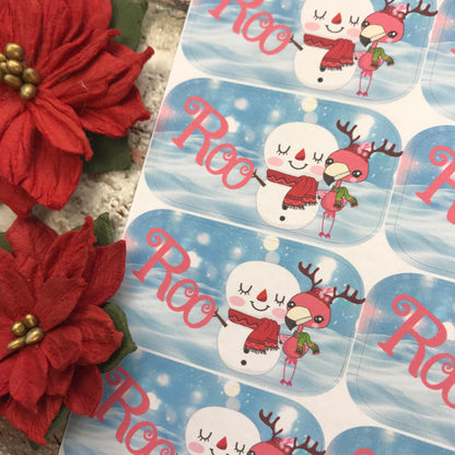 Personalised kids / adults Christmas Present Labels. (50 Flamingo Snowman)