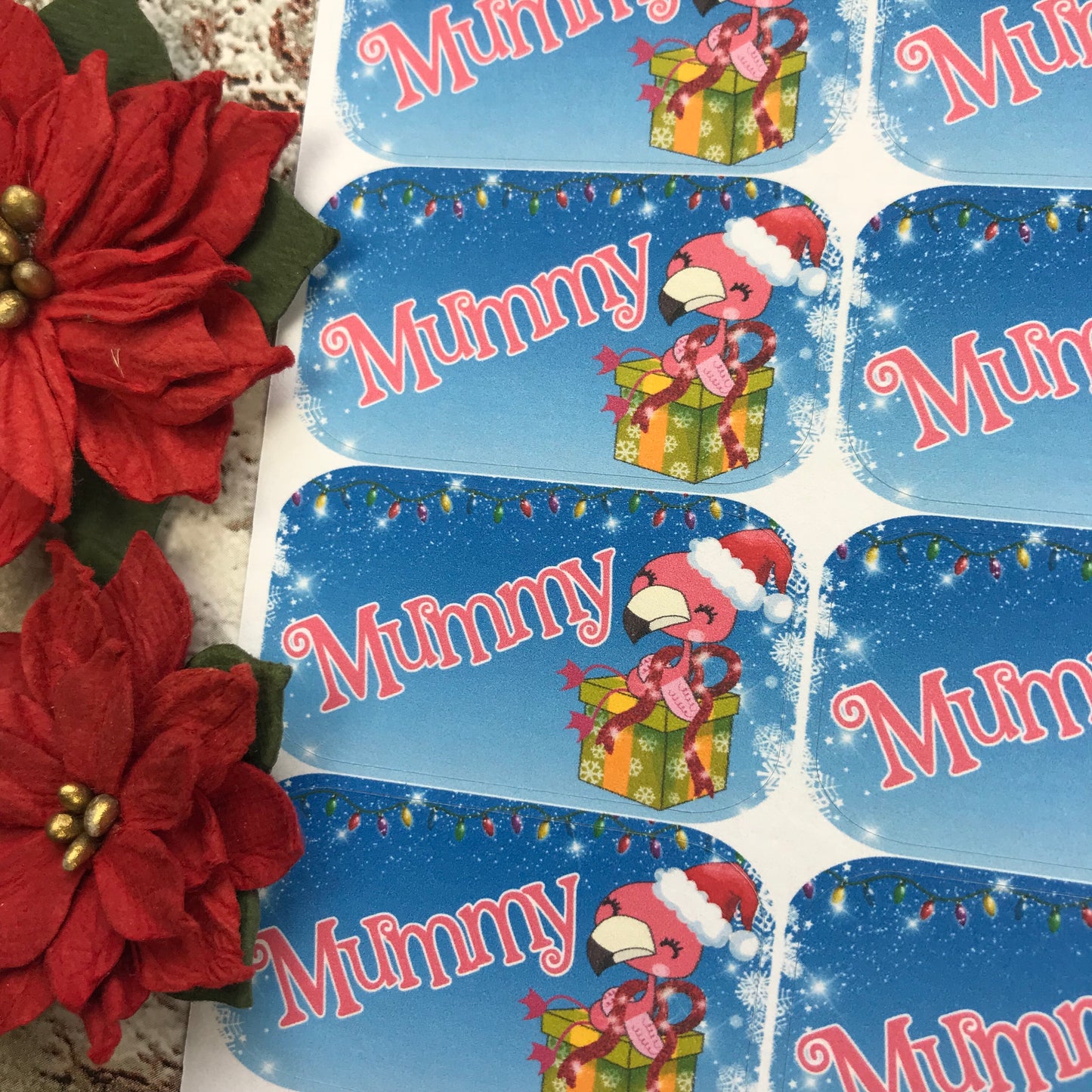 Personalised kids / adults Christmas Present Labels. (49 Flamingo present)