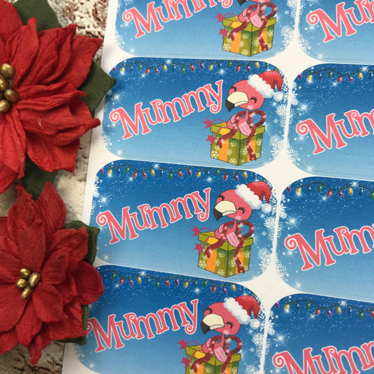Personalised kids / adults Christmas Present Labels. (49 Flamingo present)